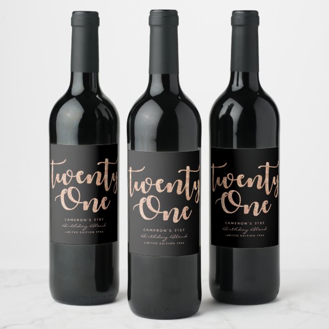 Modern Black Rose Gold 21st Birthday Personalized Wine Label (Bottles)