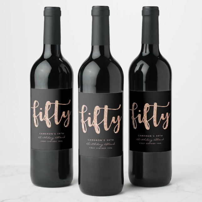 Modern Black Rose Gold 50th Birthday Personalized Wine Label (Bottles)