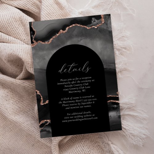 Modern Black Rose Gold Agate Arch Wedding Details Enclosure Card