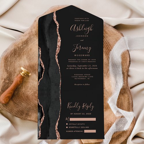 Modern Black Rose Gold Agate Dark Wedding All In One Invitation