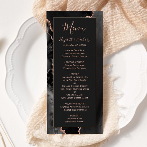 Modern Black Rose Gold Agate Dark Wedding Menu