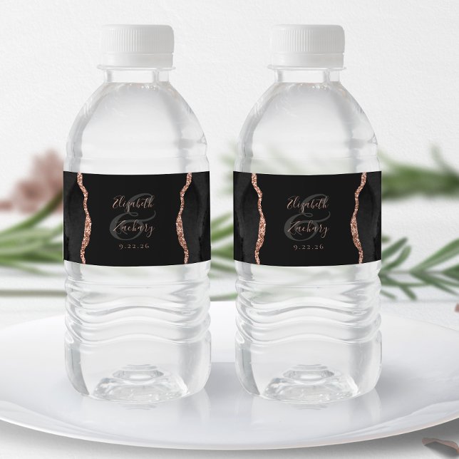 Modern Black Rose Gold Agate Dark Wedding Water Bottle Label (Creator Uploaded)