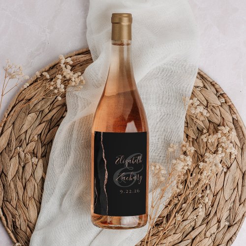 Modern Black Rose Gold Agate Dark Wedding Wine Label