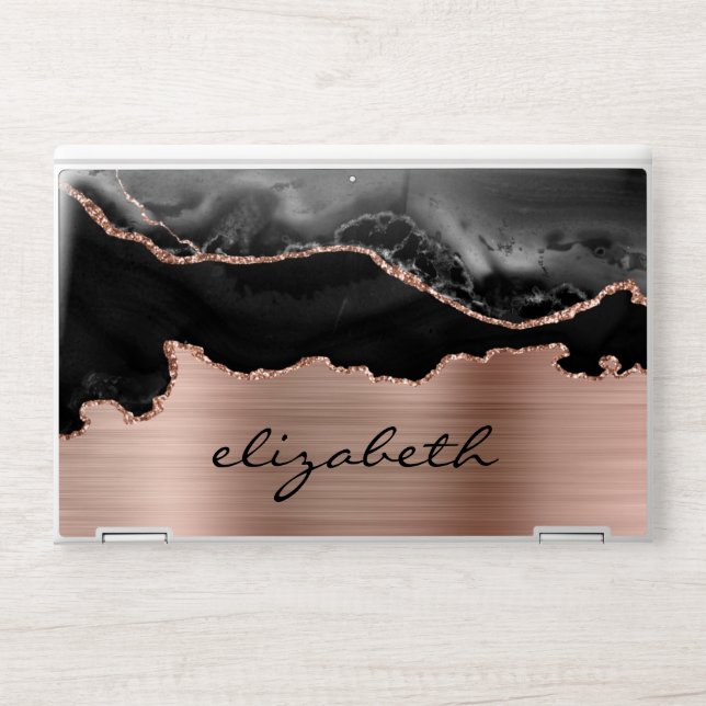Modern Black Rose Gold Agate Metallic HP Laptop Skin (Front)