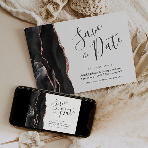 Modern Black Rose Gold Agate Photo Save the Date Invitation