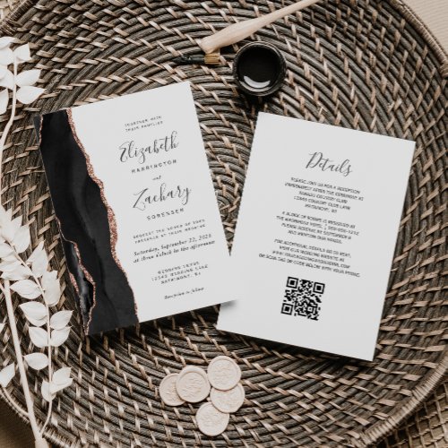 Modern Black Rose Gold Agate QR Code Wedding Invitation
