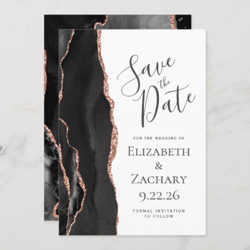 Modern Black Rose Gold Agate Save the Date Card