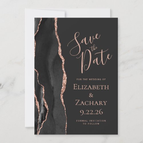 Modern Black Rose Gold Agate Save the Date Card