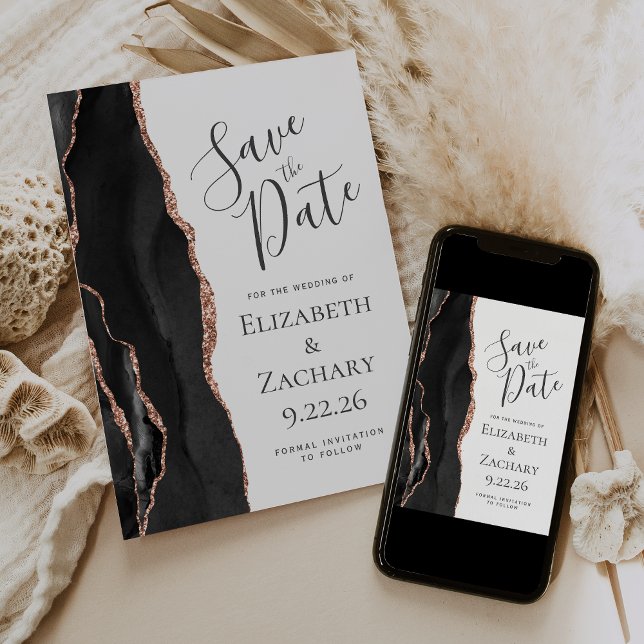 Modern Black Rose Gold Agate Save the Date Card (Creator Uploaded)