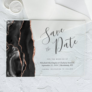 Modern Black Rose Gold Agate Save the Date Card