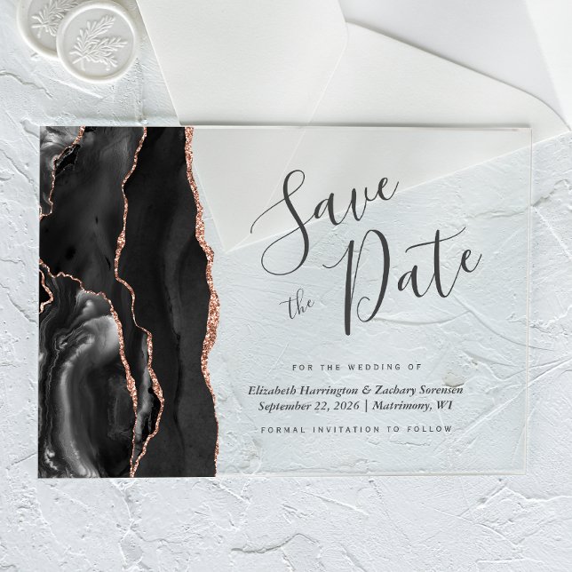Modern Black Rose Gold Agate Save the Date Card (Creator Uploaded)