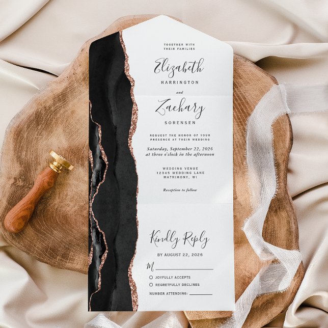 Modern Black Rose Gold Agate Wedding All In One Invitation (Creator Uploaded)