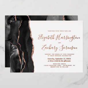 Modern Black Rose Gold Agate Wedding Foil Invitation