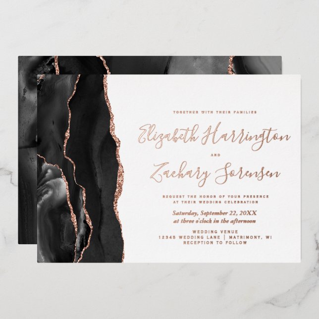 Modern Black Rose Gold Agate Wedding Foil Invitation (Front/Back)