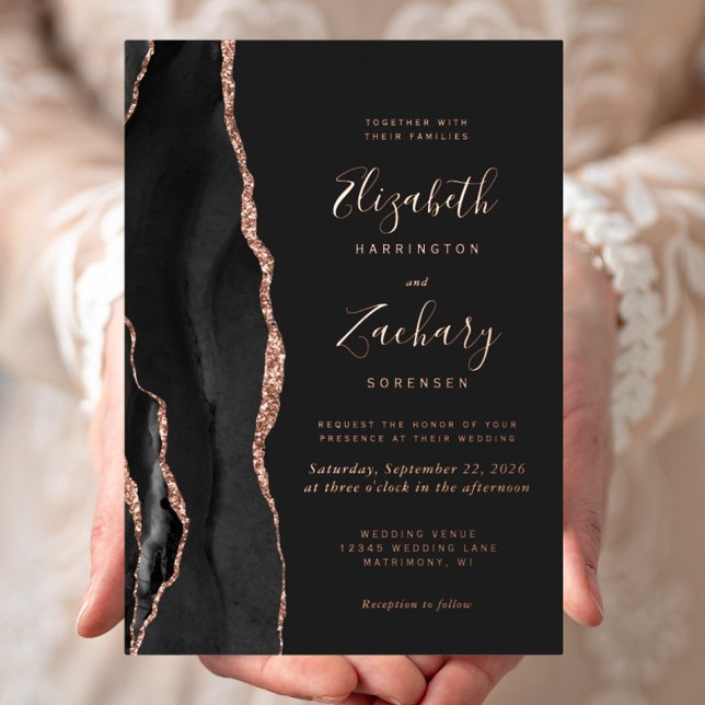 Modern Black Rose Gold Agate Wedding Foil Invitation (Creator Uploaded)