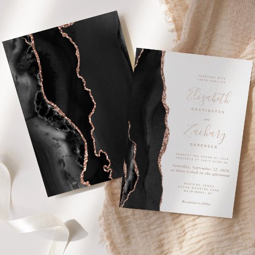 Modern Black Rose Gold Agate Wedding Foil Invitation