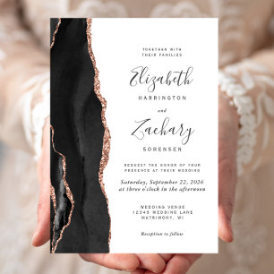 Modern Black Rose Gold Agate Wedding Invitation