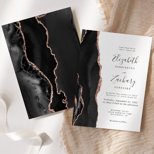 Modern Black Rose Gold Agate Wedding Invitation