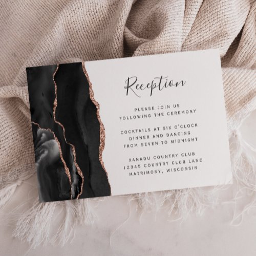 Modern Black Rose Gold Agate Wedding Reception Enclosure Card