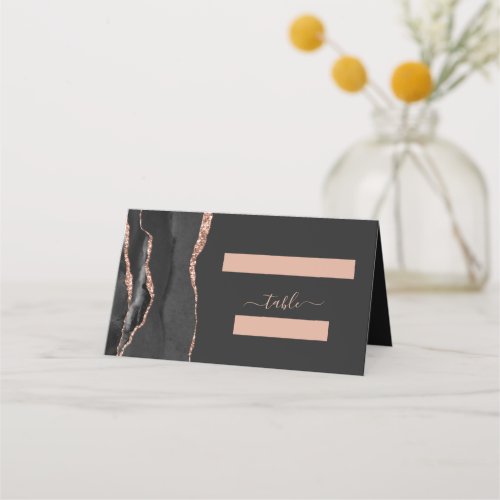 Modern Black Rose Gold Agate Wedding Table Place Card