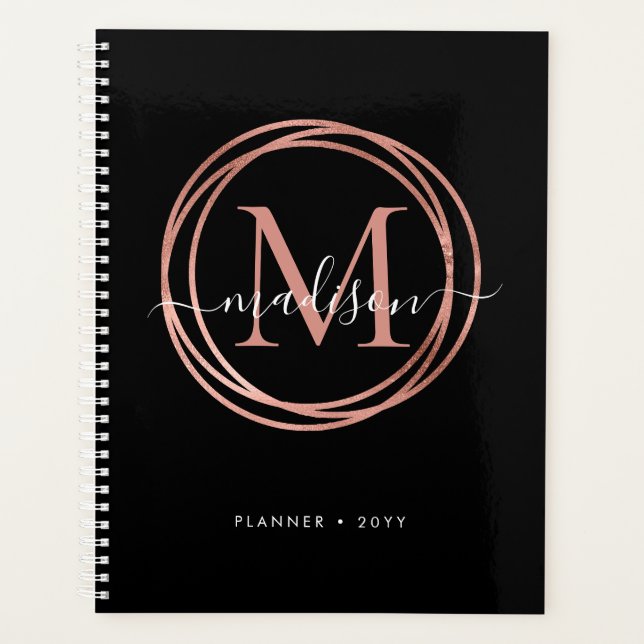 Modern Black Rose Gold Blush Pink Monogram Circle Planner (Front)