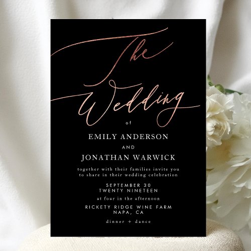 Modern Black Rose Gold Calligraphy Wedding Invitation