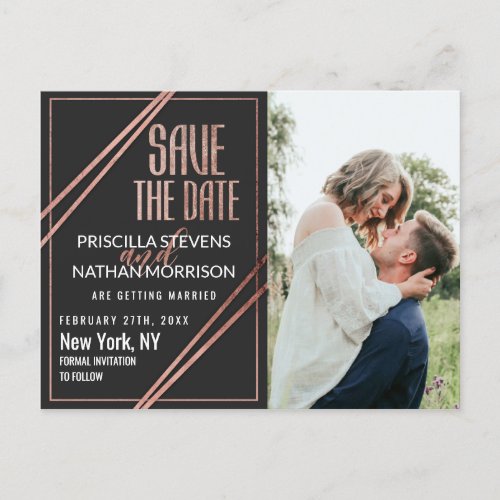 Modern Black Rose Gold Chic Linear Save the Date Postcard