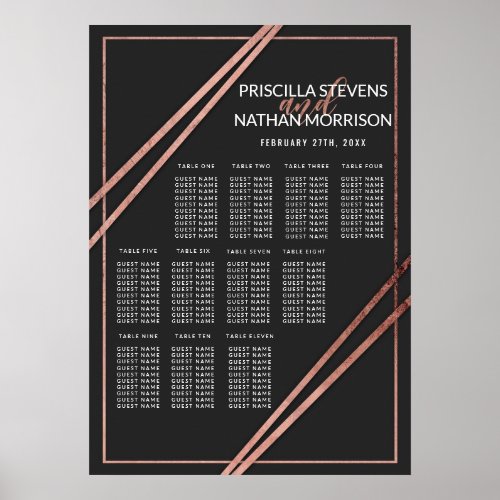 Modern Black Rose Gold Chic Linear Seating Chart