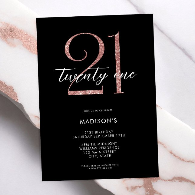 Modern Black Rose Gold Elegant 21st Birthday Invitation (Creator Uploaded)