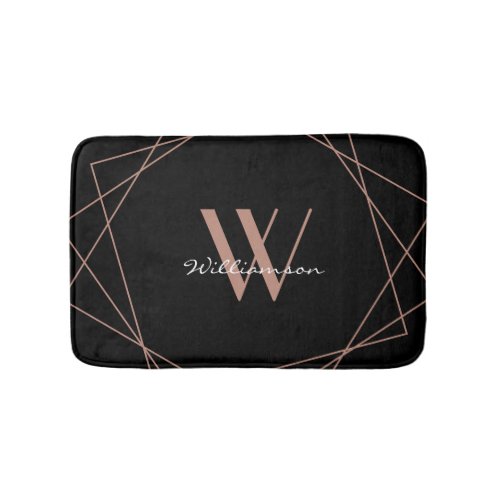 Modern Black Rose Gold Elegant Monogram Script Bath Mat