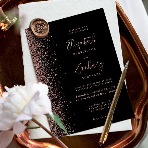 Modern Black Rose Gold Faux Glitter Edge Wedding Invitation