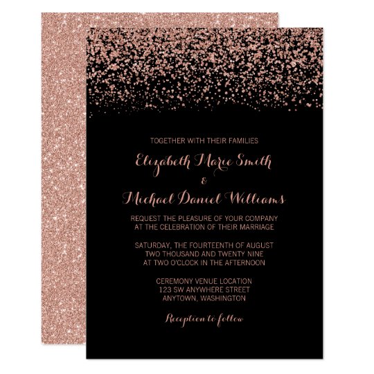 Modern Black Rose Gold Faux Glitter Wedding Invitation
