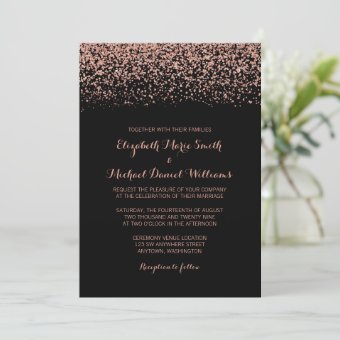 Modern Black Rose Gold Faux Glitter Wedding Invitation | Zazzle