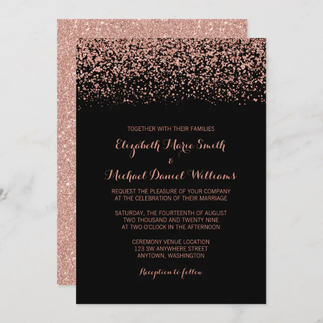 Modern Black Rose Gold Faux Glitter Wedding Invitation | Zazzle