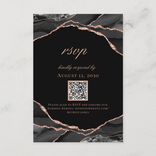 Modern Black Rose Gold Foil Agate Wedding RSVP Card (Front)