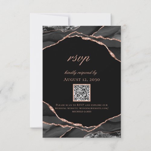 Modern Black Rose Gold Foil Agate Wedding RSVP Card