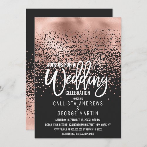 Modern Black Rose Gold Foil Confetti Ombre Wedding Invitation