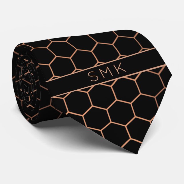 Modern Black Rose Gold Foil Geometric Monogram Neck Tie (Rolled)