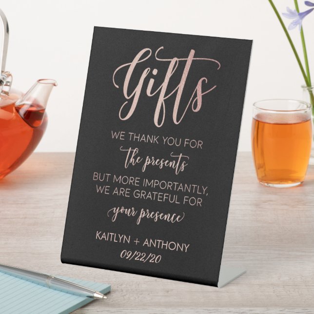Modern Black & Rose Gold Foil Wedding Gifts Sign (In SItu)