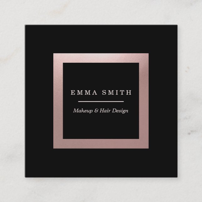 Modern Black Rose Gold Frame Professional Square Business Card (Front)