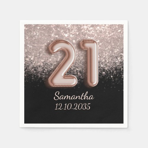 Modern Black Rose Gold Glitter 21 Birthday  Napkins