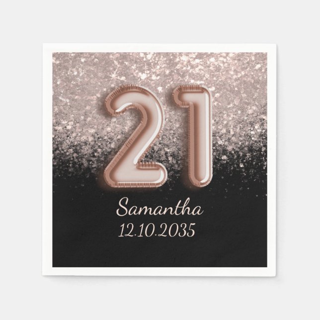 Modern Black Rose Gold Glitter 21 Birthday  Napkins (Front)