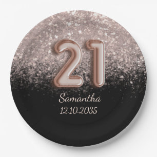 Modern Black Rose Gold Glitter 21 Birthday Paper Plates