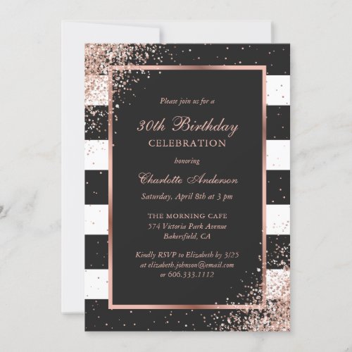 Modern Black Rose Gold Glitter 30th Birthday Invitation