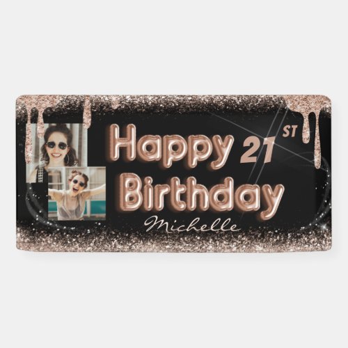 Modern Black Rose Gold Glitter Any Birthday Banner