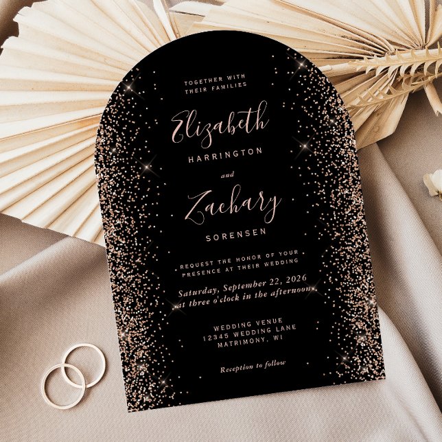 Modern Black Rose Gold Glitter Arch Wedding Invitation (Creator Uploaded)
