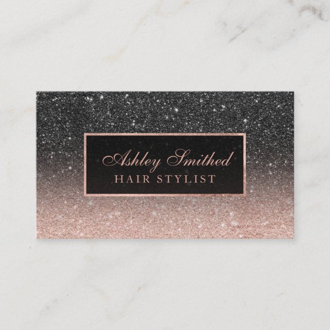 Modern black rose gold glitter chic ombre hair business card (Front)