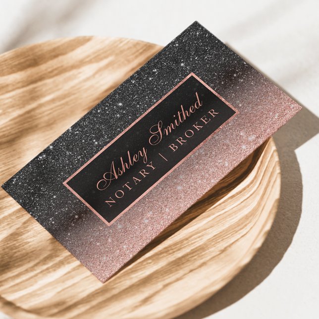 Modern black rose gold glitter chic ombre notary business card (Creator Uploaded)
