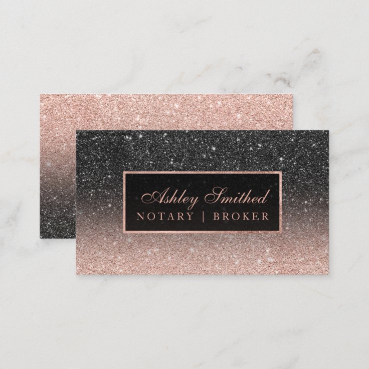 Modern Black Rose Gold Glitter Chic Ombre Notary Business Card Zazzle
