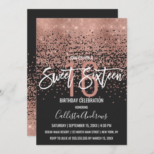 Modern Black Rose Gold Glitter Confetti Sweet 16 Invitation